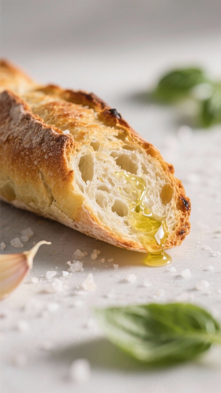 Close-up detail: Shatter-crisp toasted baguette slice just rubbed with garlic, edges golden and blis