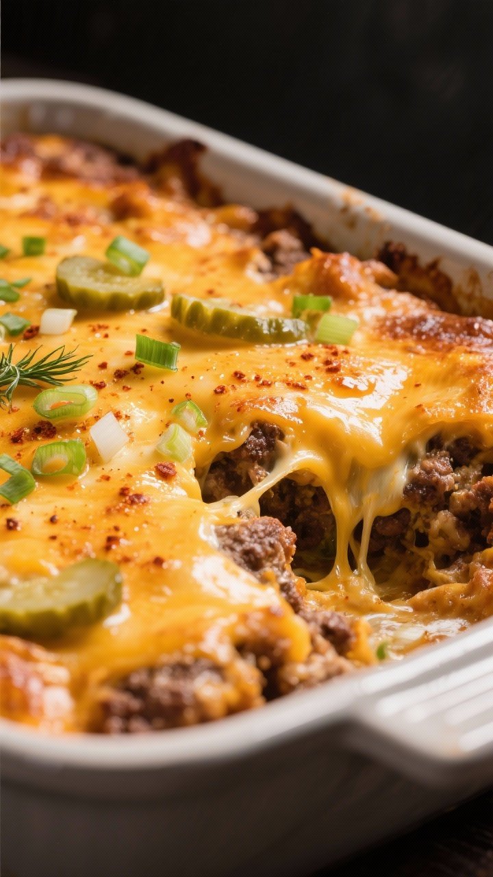 Close-up detail shot: A bubbling, golden-brown top of the low-carb cheeseburger casserole just out o