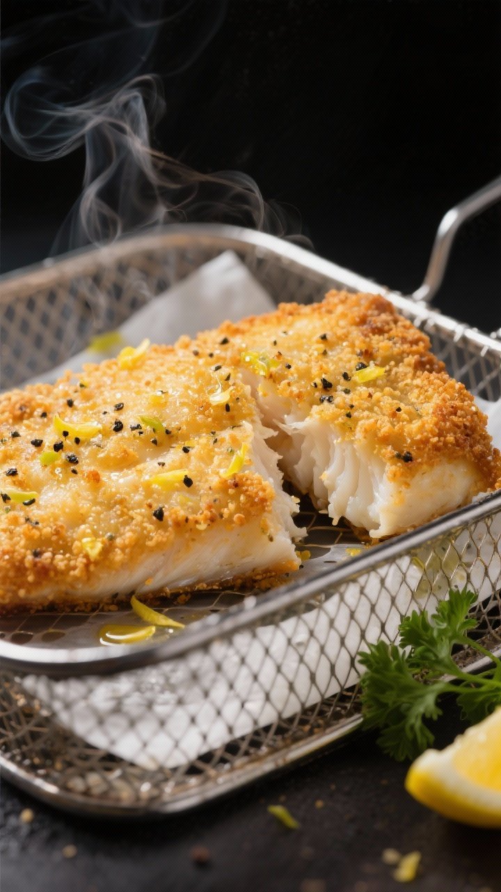Close-up detail shot: Crispy air-fryer lemon pepper cod fillet just out of the basket, golden panko 
