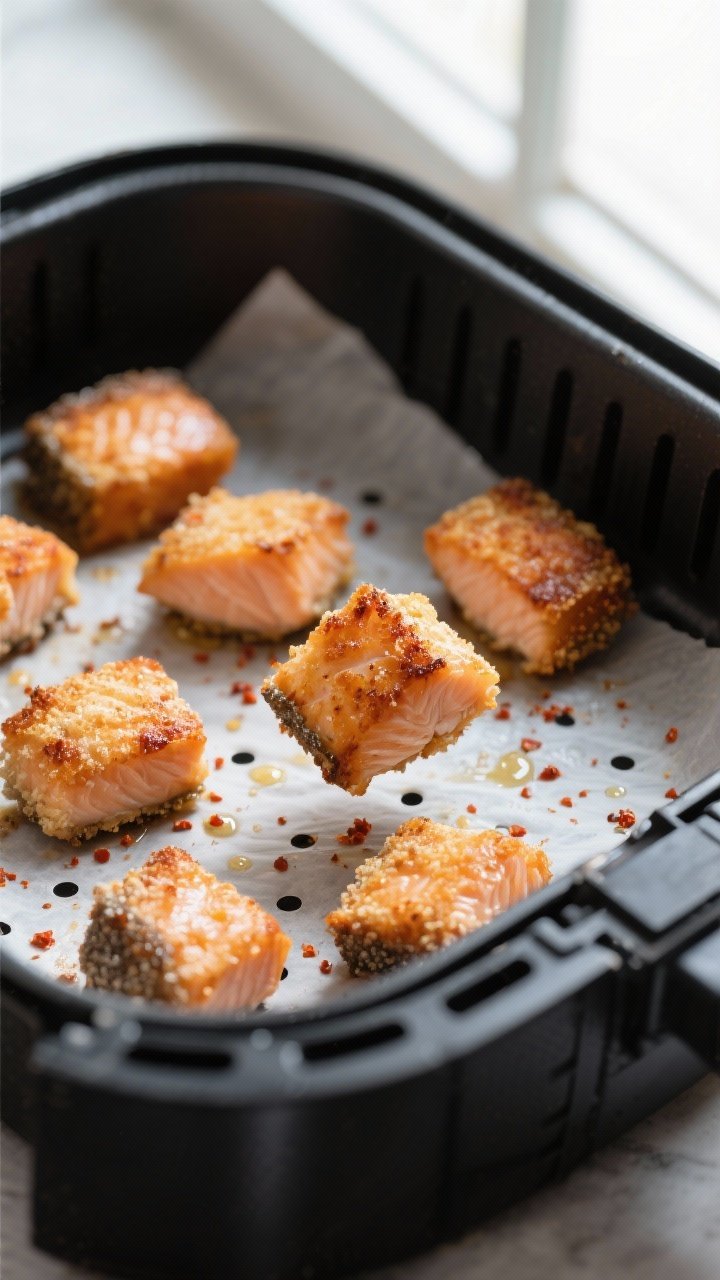 Close-up detail shot: Crispy air fryer salmon bites just out of the basket at 400°F, edges deeply b