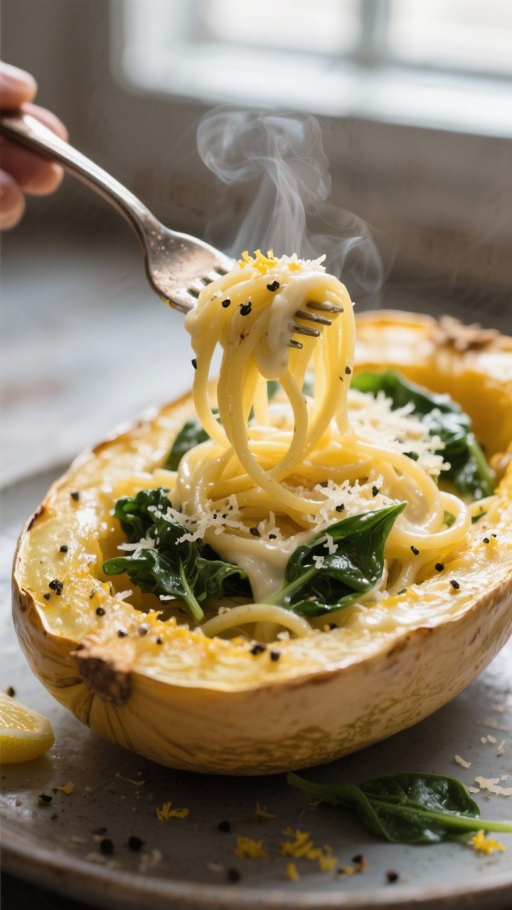 Close-up detail shot: Fork pulling tender, golden spaghetti squash strands inside the roasted shell,