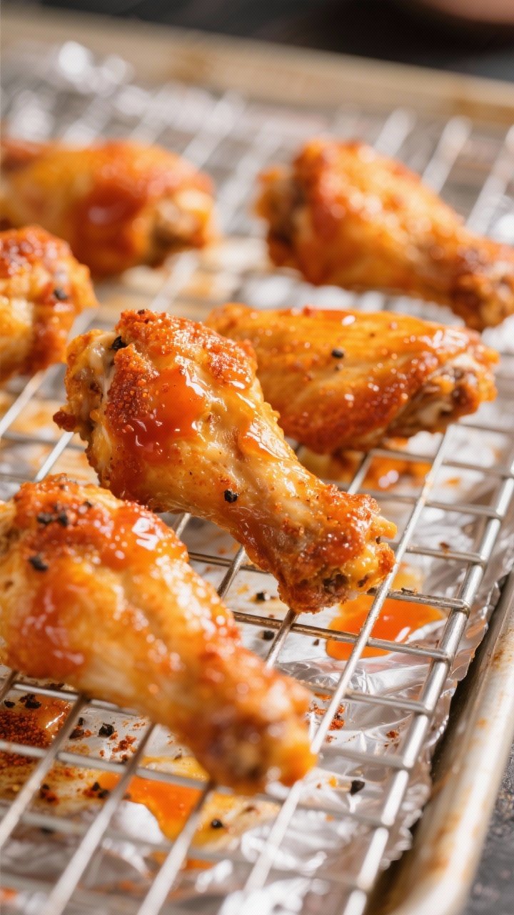 Close-up detail shot: Freshly baked Buffalo chicken wings just out of the oven on a wire rack over a