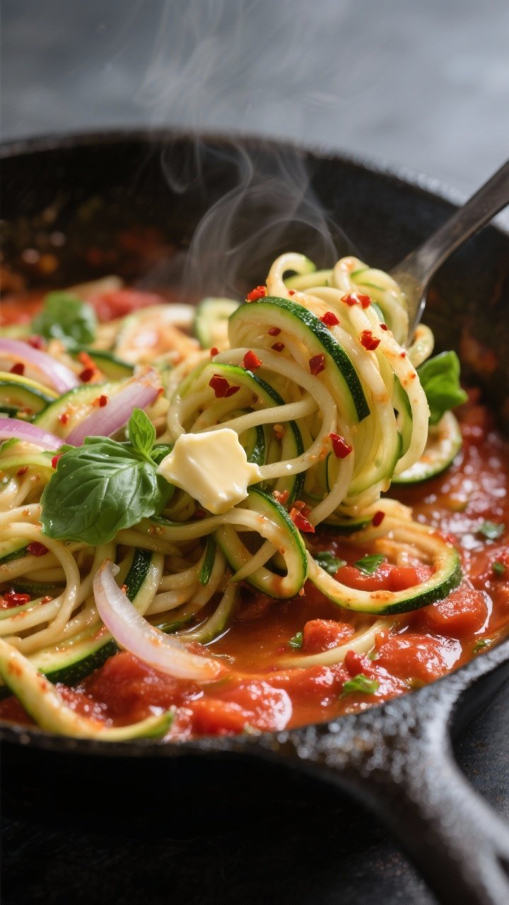 Close-up detail shot: Glossy zucchini noodles just-tender and springy, being tossed in a skillet wit