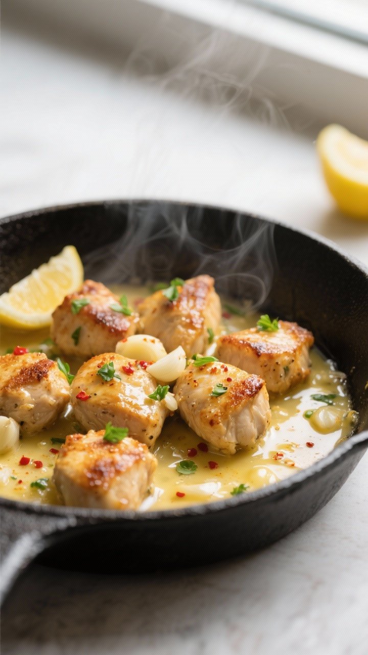 Close-up detail shot: Golden-browned garlic butter chicken bites sizzling in a black cast-iron skill