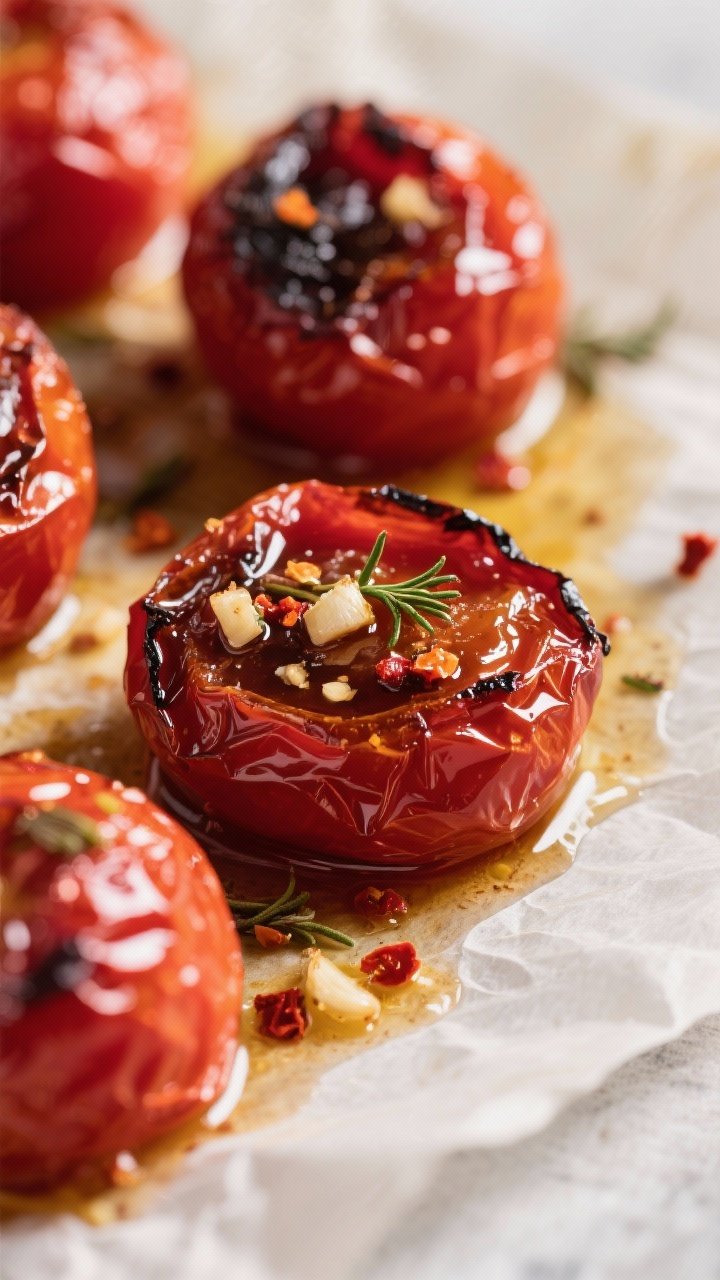 Close-up detail shot: Jammy balsamic-roasted cherry tomatoes just out of the oven, blistered skins g