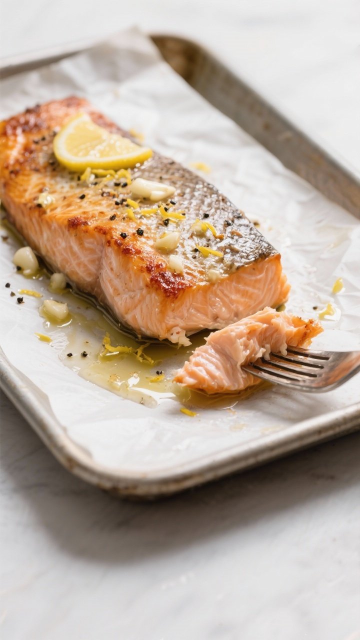 Close-up detail shot: Just-baked salmon fillet on a parchment-lined sheet pan at 400°F, skin-on, gl