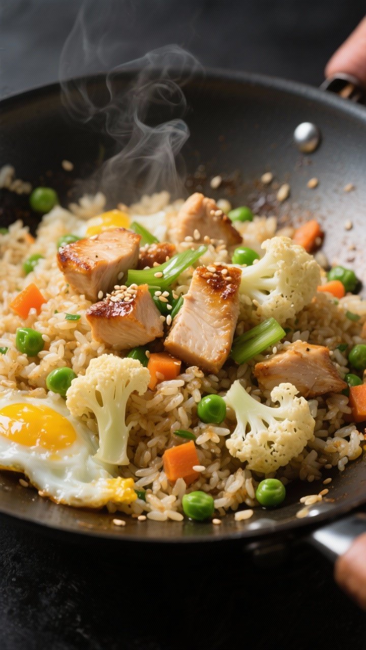 Close-up detail shot of cauliflower fried rice with chicken sizzling in a large wok: caramelized edg