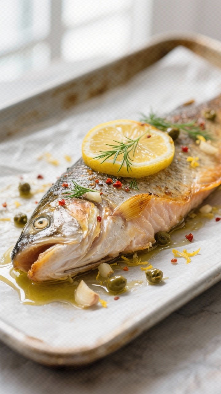 Close-up detail shot of freshly baked trout fillet just out of the oven, skin-on and cooked to opaqu