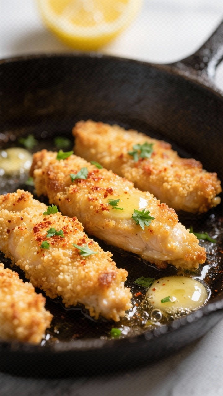 Close-up detail shot of golden pan-fried chicken tenders just out of the skillet, glistening with wa