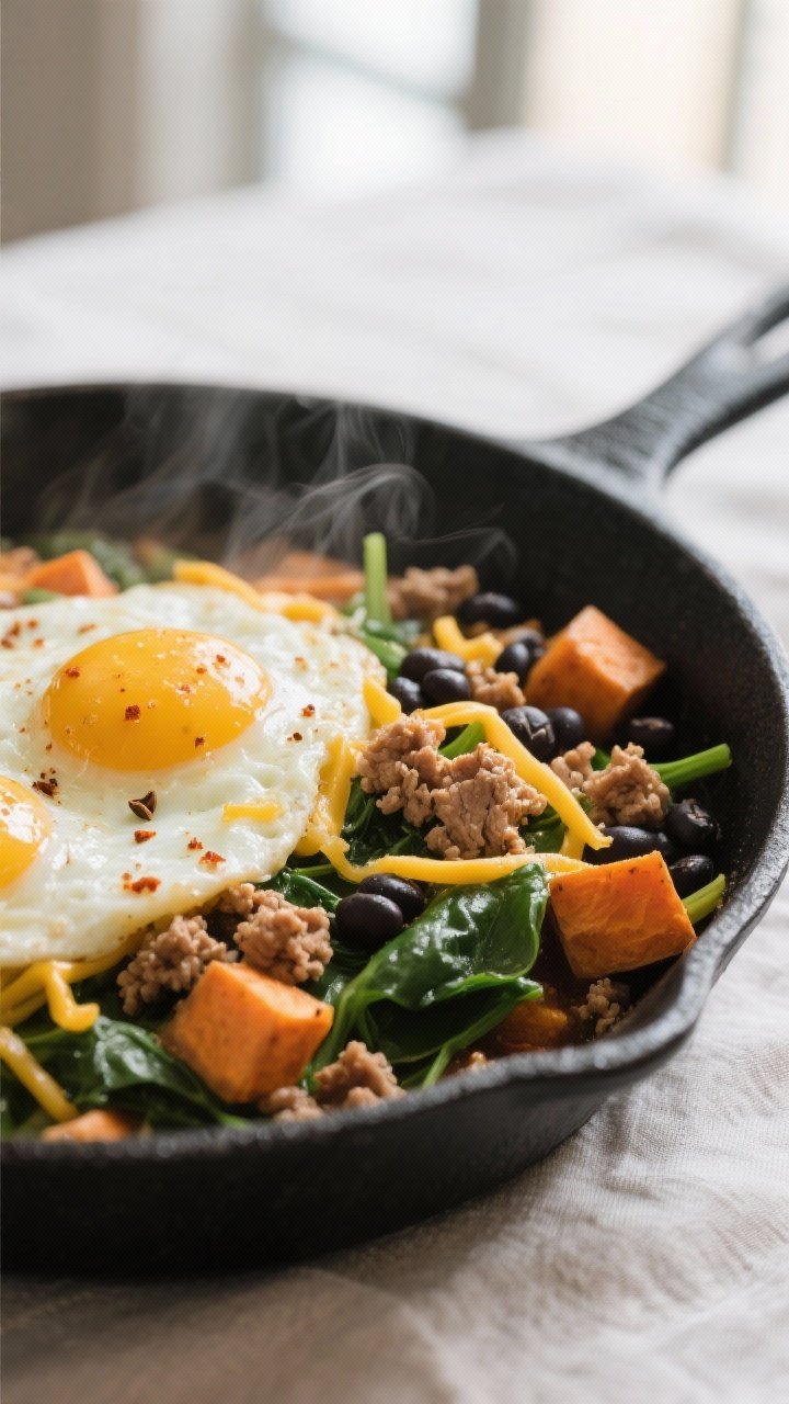 Close-up detail shot: Soft-scrambled eggs folded through sautéed sweet potato cubes, browned turkey