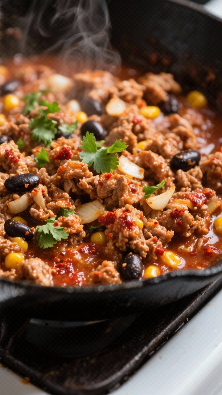 Close-up detail shot: Tender, glossy taco-seasoned ground turkey simmering in a skillet, coated in a