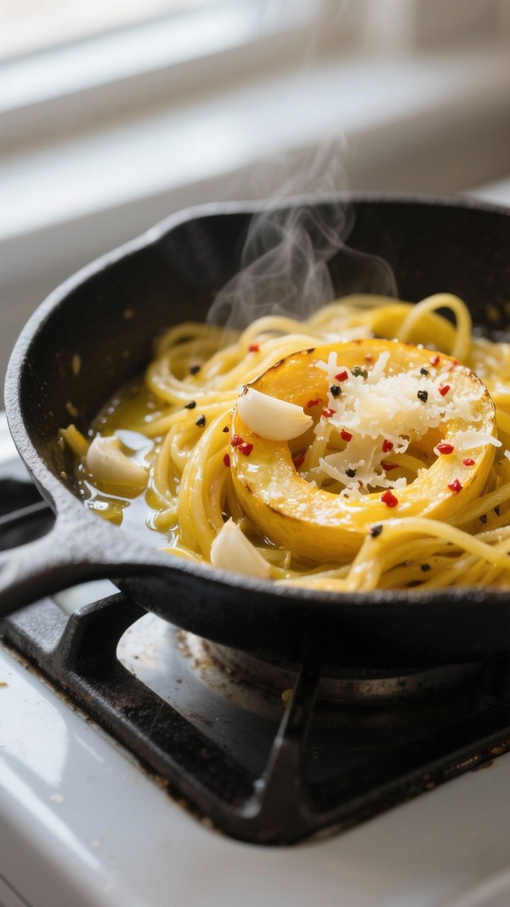 Close-up detail shot: Tender roasted spaghetti squash strands being tossed in a skillet with melted 