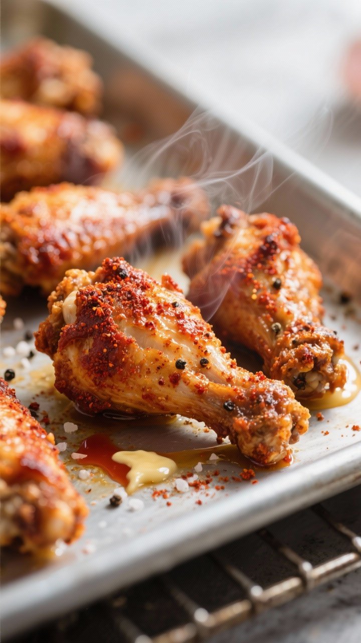 Close-up detail shot: Ultra-crispy Cajun-spiced chicken wings just out of the oven, skin-side up wit