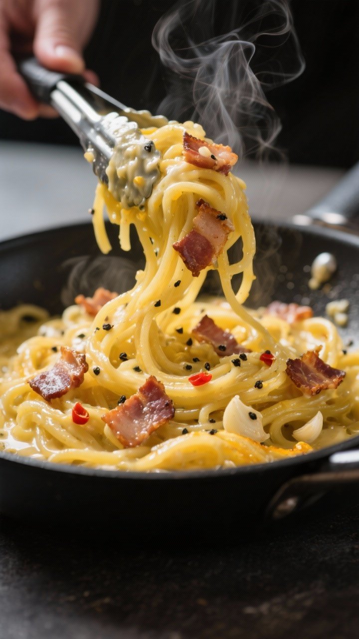 Close-up detail: Silky spaghetti squash carbonara being tossed off-heat in a black skillet; glossy, 