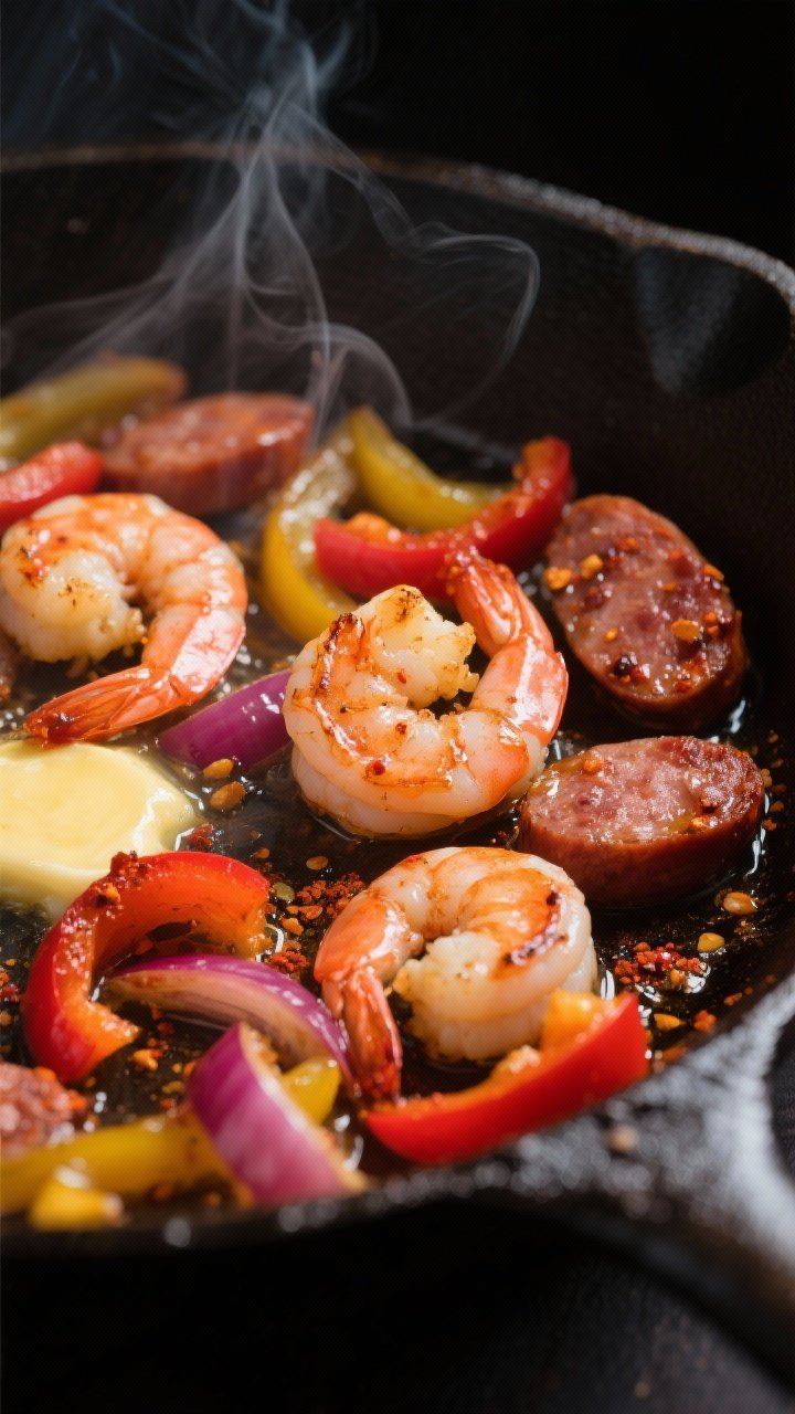 Close-up detail: Sizzling Cajun shrimp and andouille slices in a hot cast-iron skillet mid-cook, shr