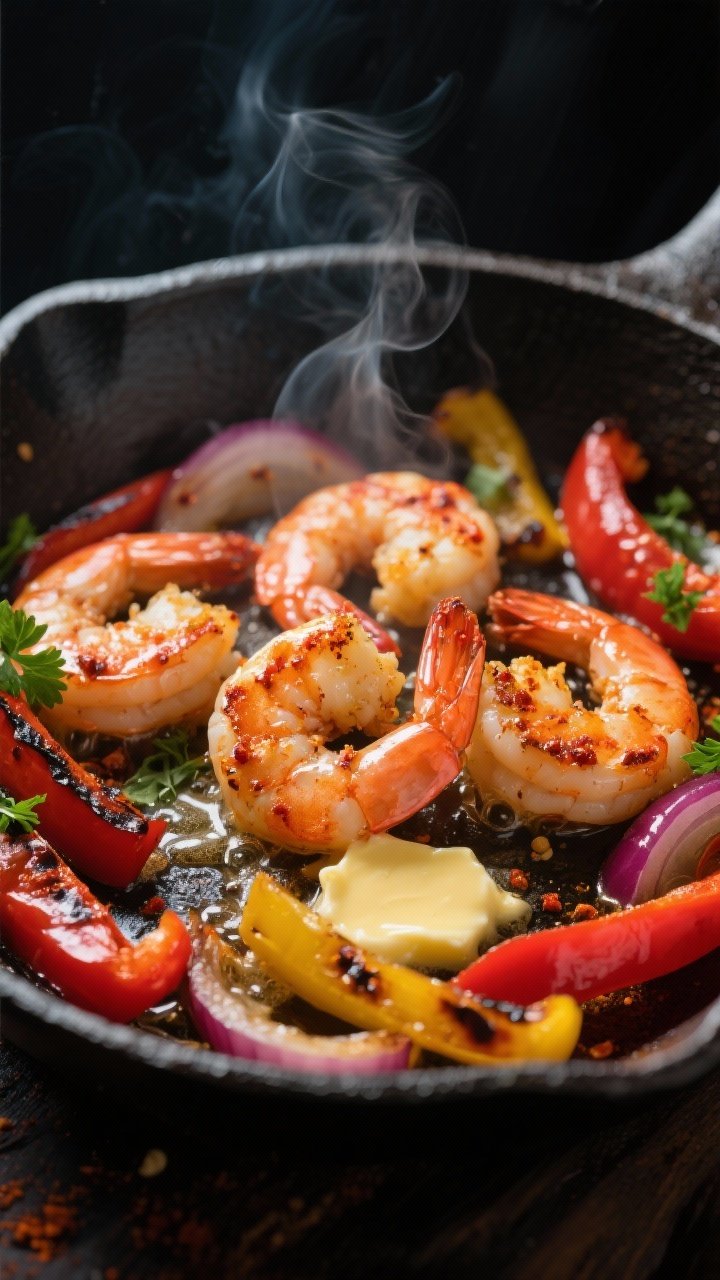 Close-up detail: Sizzling Cajun shrimp searing in the center of a hot cast-iron skillet, surrounded 