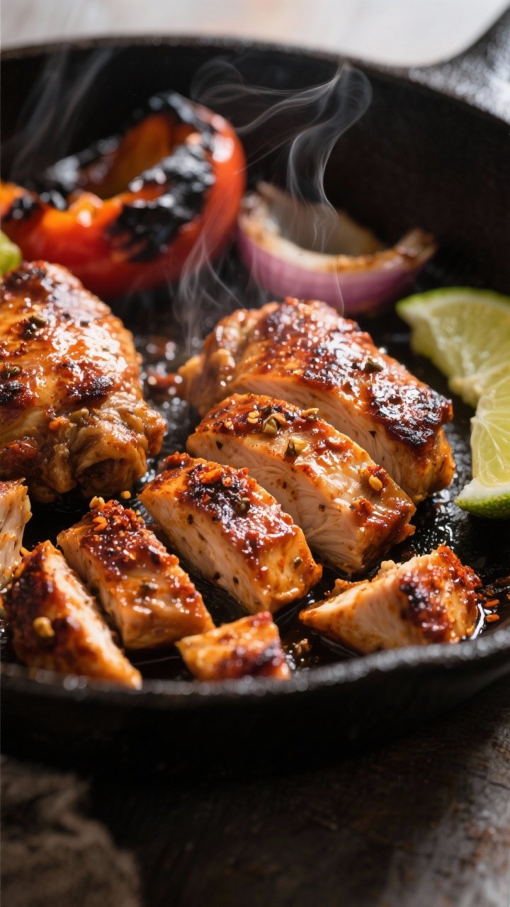Close-up detail: Sizzling chipotle-marinated chicken thighs just after resting and being chopped on 