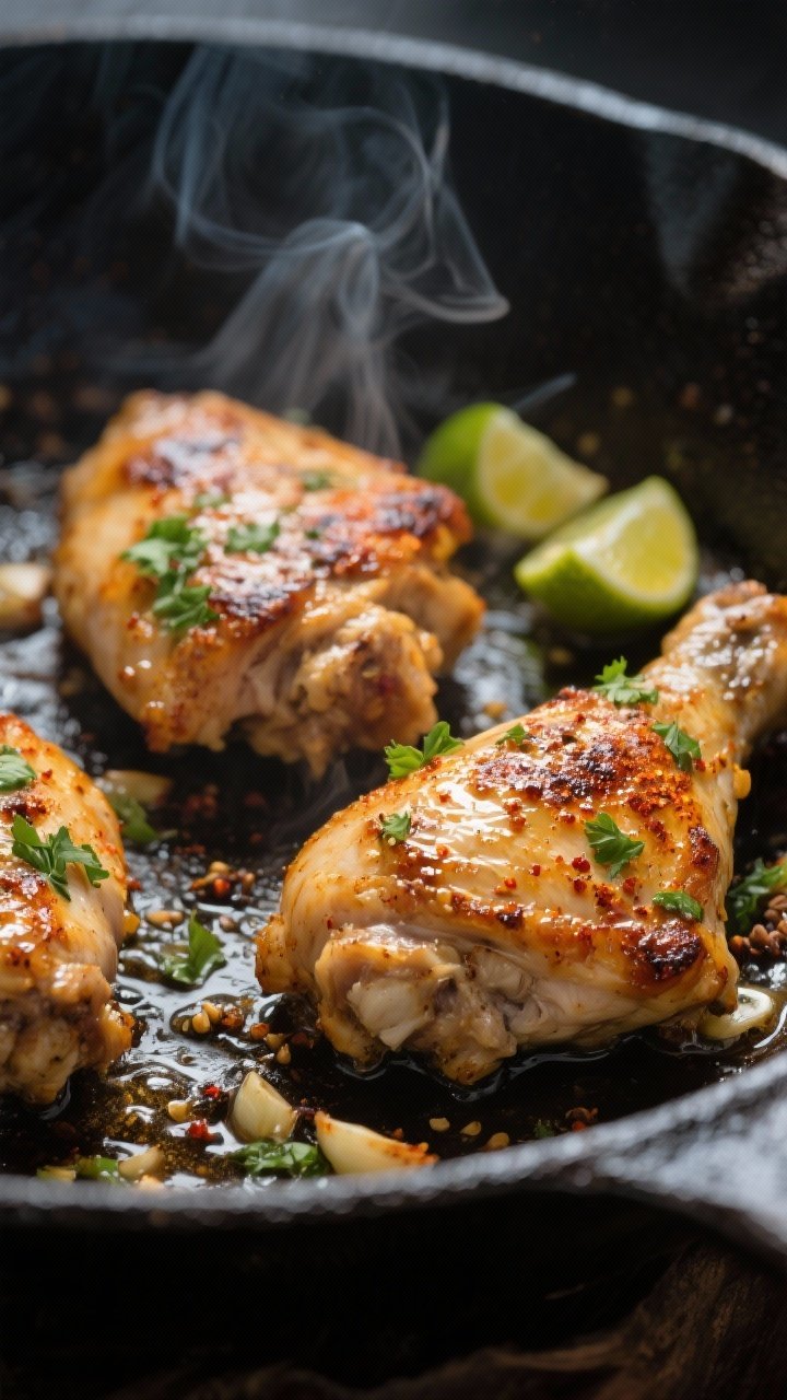 Close-up detail: Sizzling cilantro lime chicken thighs searing in a cast-iron skillet, golden-brown 