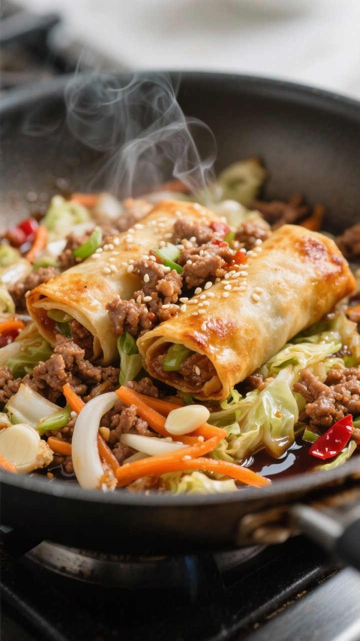 Close-up detail: Sizzling egg roll filling in a wide skillet right after seasoning—crispy browned 
