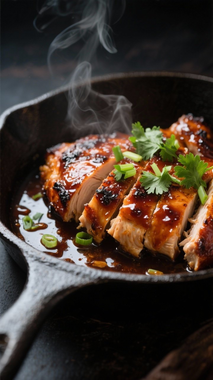 Close-up detail: Sliced BBQ-glazed chicken just after resting, nestled in its glossy sauce in a cast