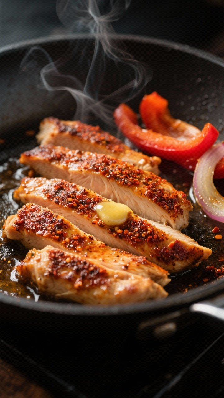 Close-up detail: Sliced Cajun-seasoned chicken strips just seared in a skillet, deeply browned edges