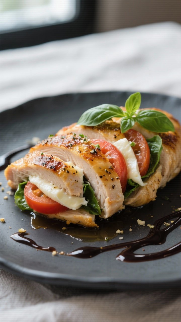 Close-up detail: Sliced caprese-stuffed chicken breast just after resting, showing a juicy interior