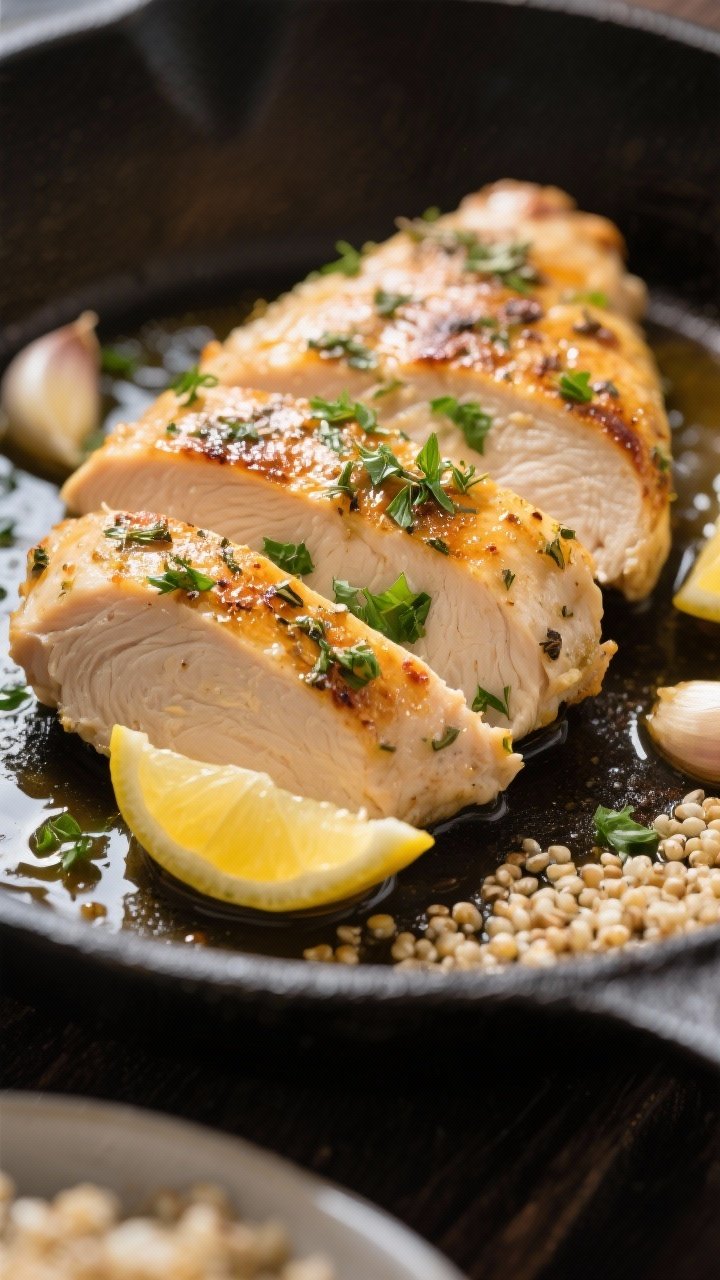 Close-up detail: Sliced garlic herb chicken just off the skillet, glistening with lemony pan juices 