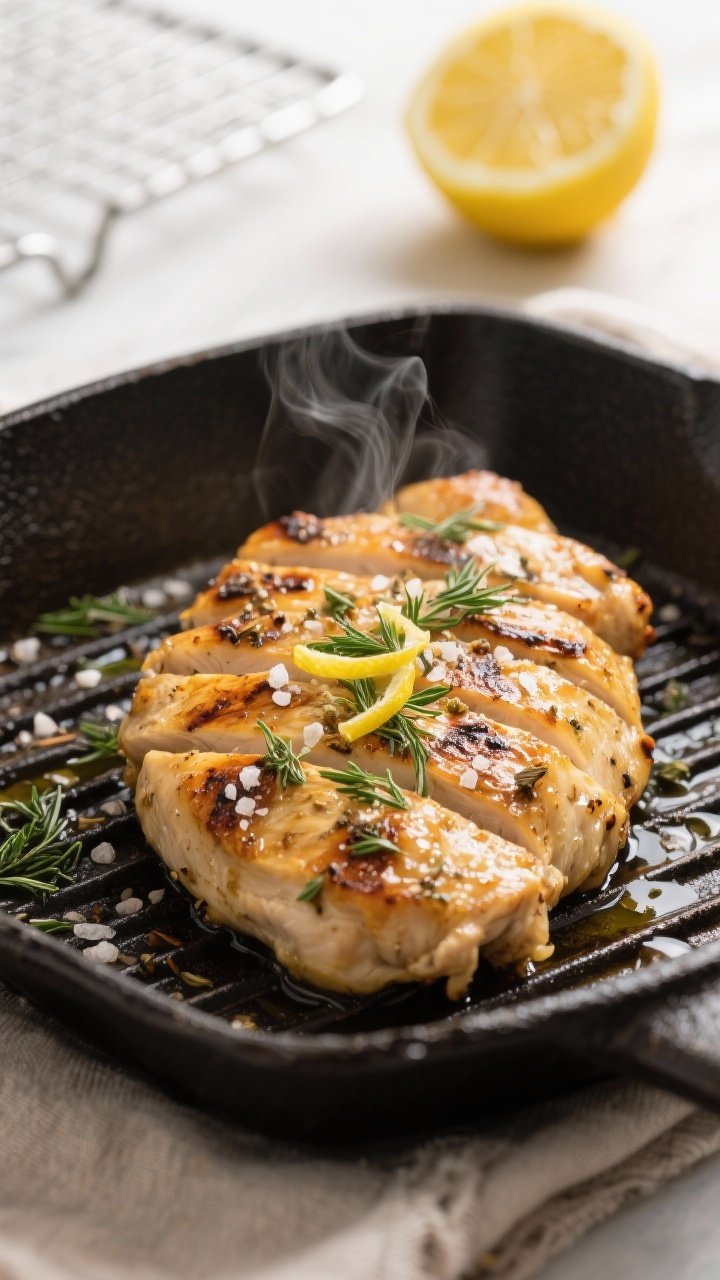 Close-up detail: Sliced, golden-browned Greek lemon-garlic chicken just off the grill pan, glistenin