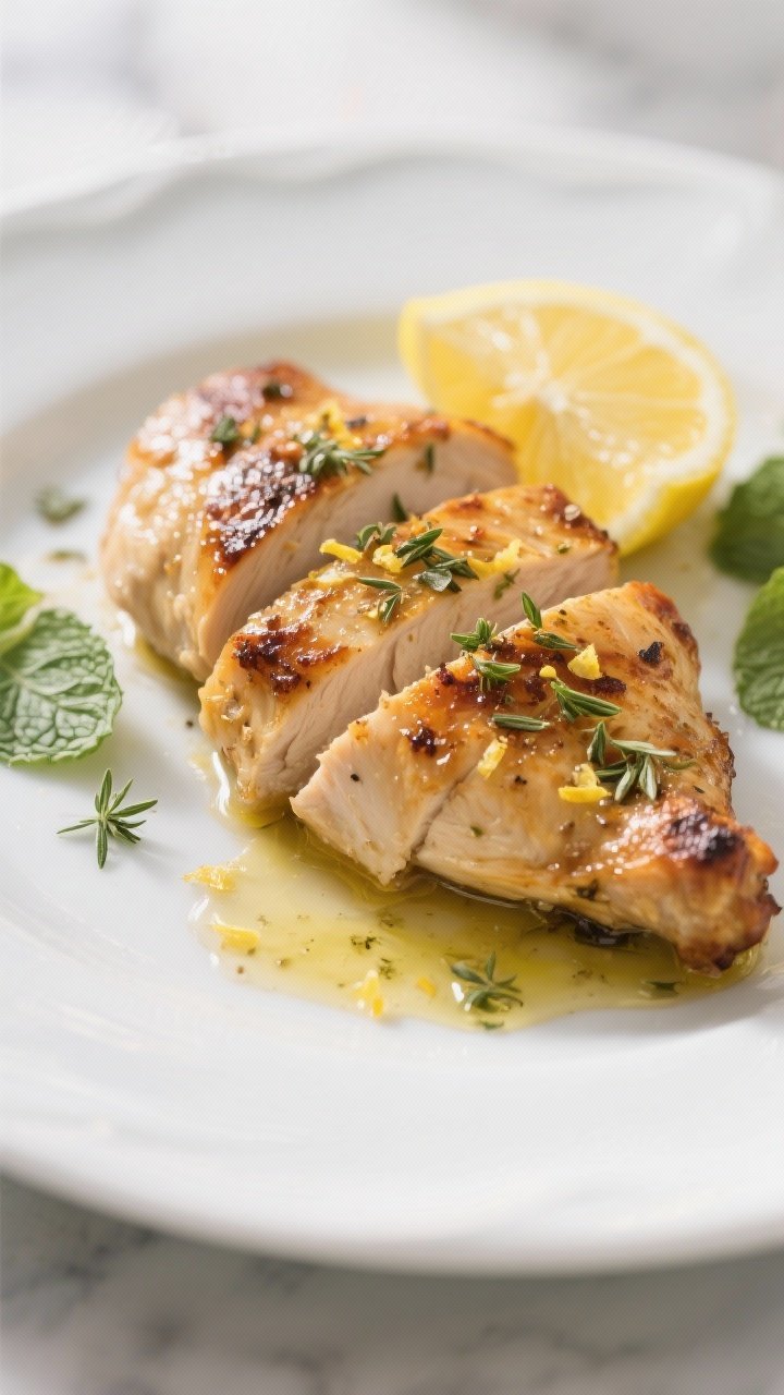 Close-up detail: Sliced lemon-garlic Greek chicken just off the skillet, glistening with pan juices 