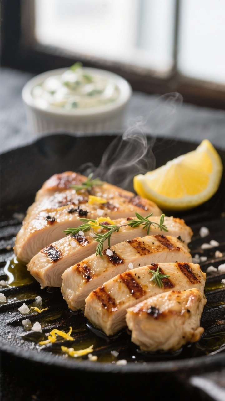 Close-up detail: Sliced lemon-oregano grilled chicken just off the pan, juicy interior with browned 