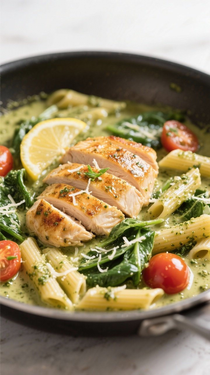 Close-up detail: Sliced seared chicken breast nestled in a glossy pesto-cream sauce in a stainless s