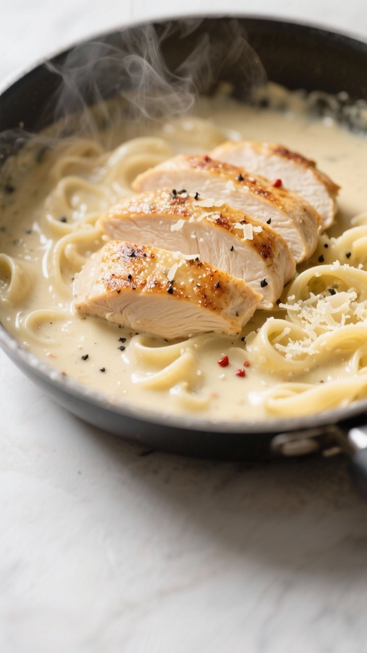 Close-up detail: Sliced seared chicken cutlets nestled in a creamy Alfredo sauce mid-simmer in a sta