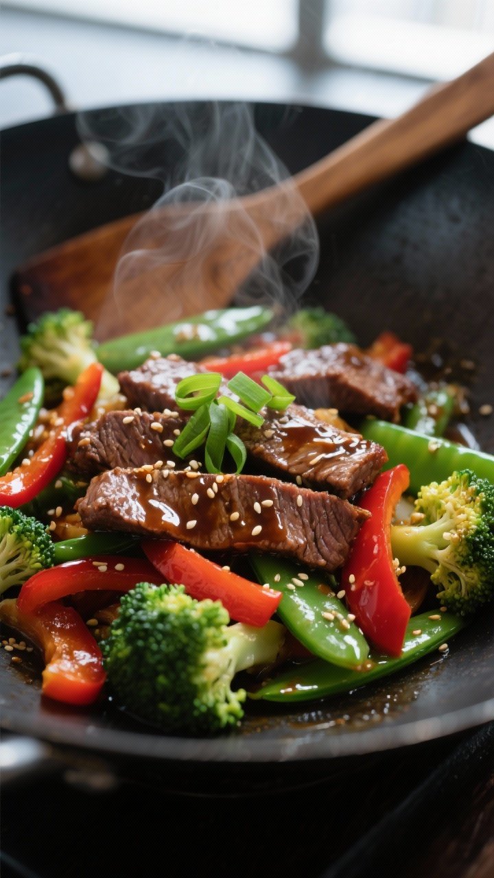 Close-up detail: Tender, seared strips of beef slicked with glossy soy–oyster sauce, nestled among