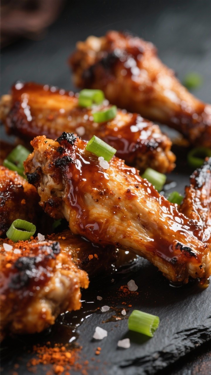 Close-up detail: Ultra-close shot of crispy Smoky BBQ chicken wings just after glazing, the skin bli