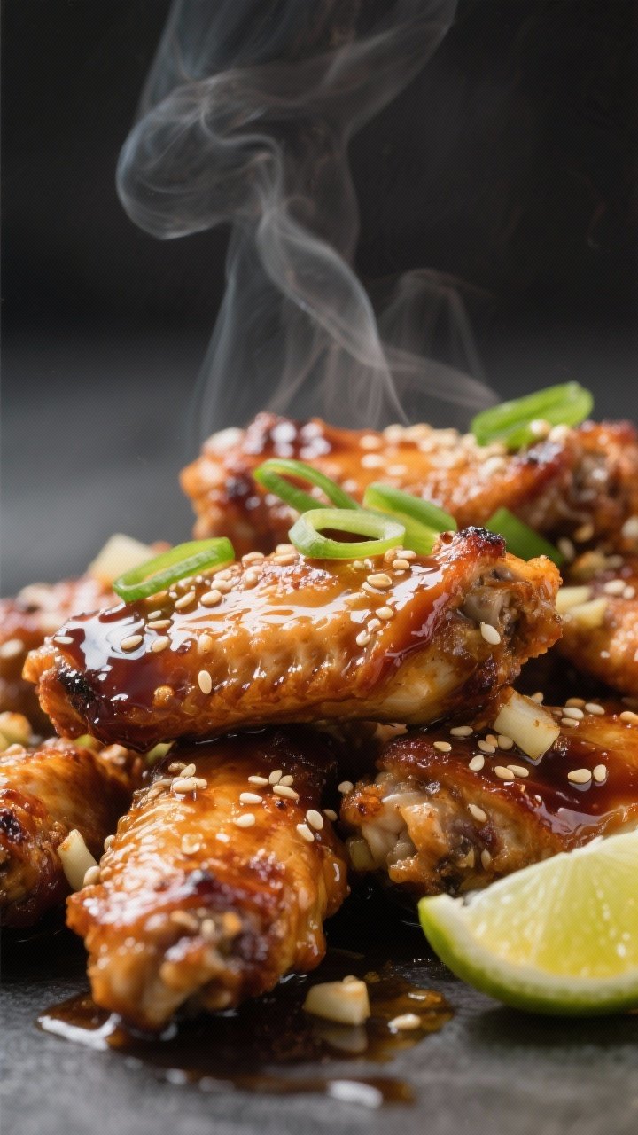 Close-up detail: Ultra-close shot of oven-baked teriyaki chicken wings just after tossing in glossy