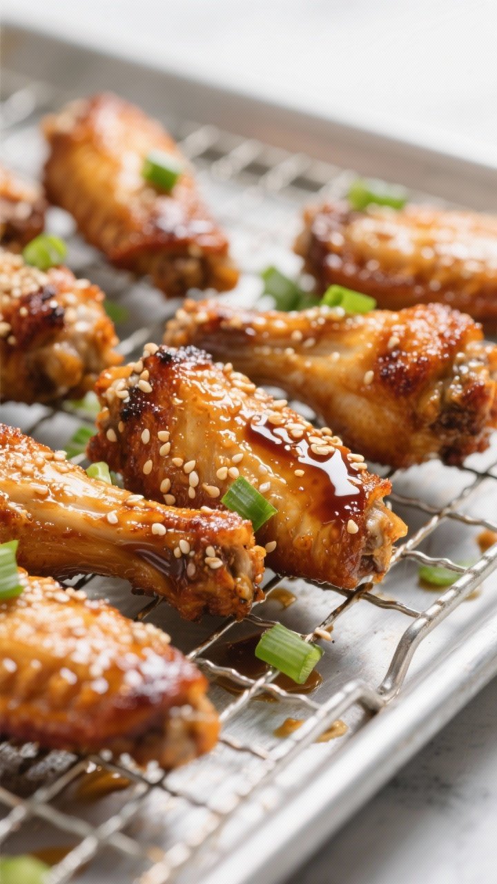 Close-up detail: Ultra-crisp roasted chicken wings fresh from the oven on a wire rack over a sheet p