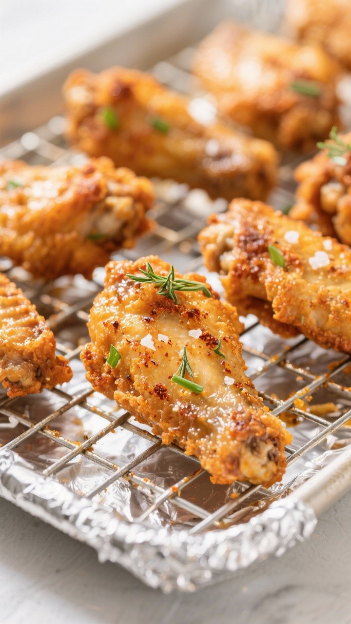 Close-up detail: Ultra-crispy Buttermilk Ranch Chicken Wings just out of the oven on a wire rack ove