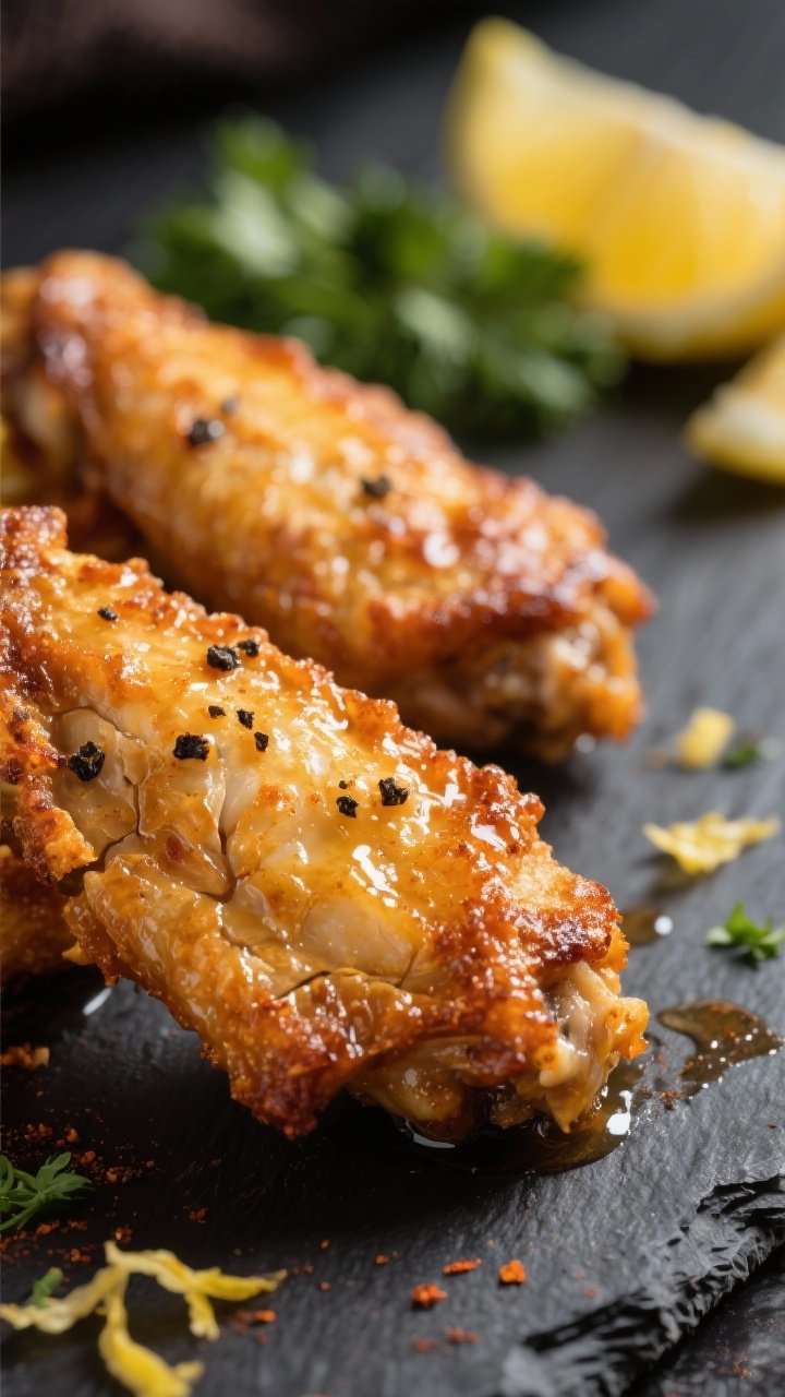 Close-up detail: Ultra-crispy lemon pepper chicken wing fresh from the oven, skin blistered and crac