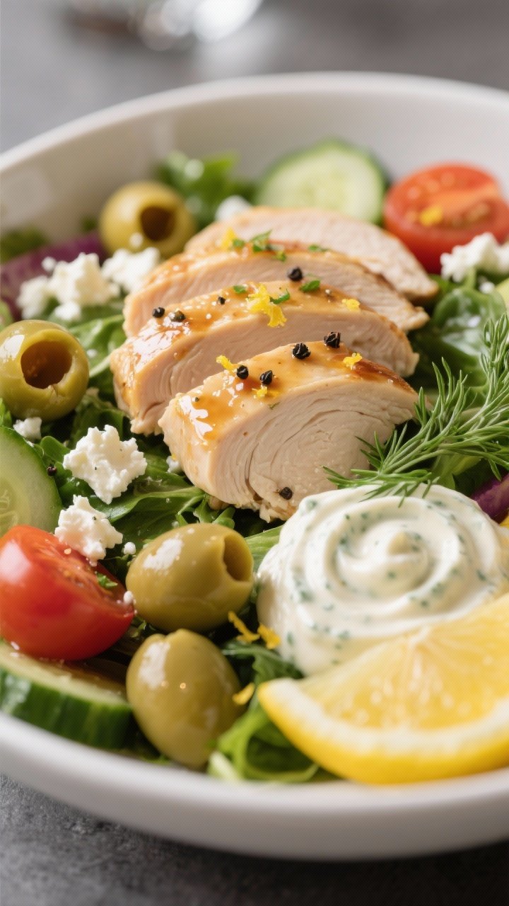 Close-up final dish detail: Macro shot of sliced, rested chicken laid over greens, glistening with d