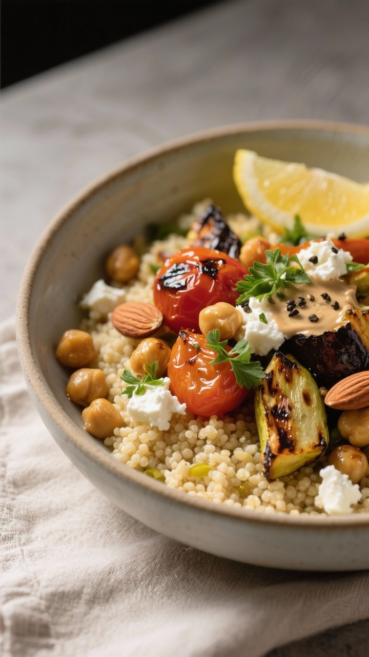 Close-up final plated bowl: restaurant-quality presentation of the Roasted Vegetable Couscous Bowl i
