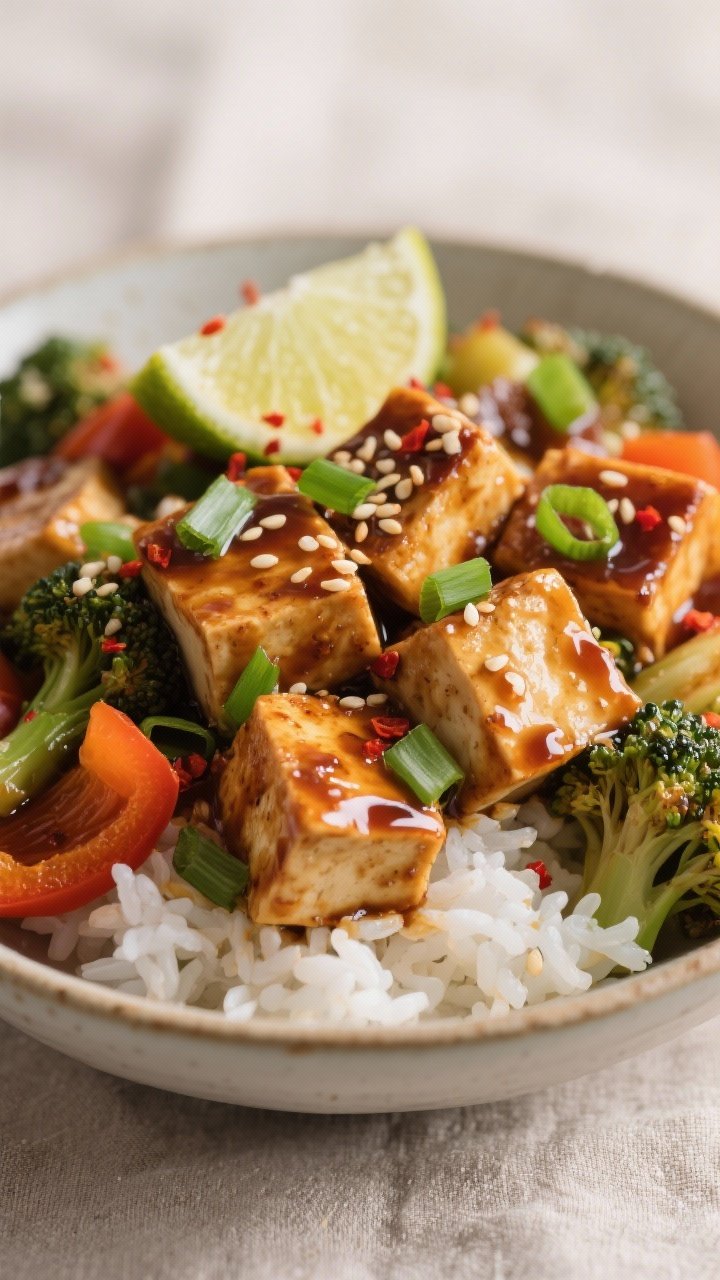 Close-up, final plated dish of Baked Honey-Garlic Tofu with Roasted Veggies over fluffy white rice: