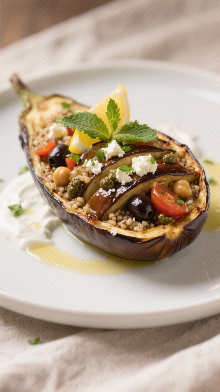 Close-up, of a single plated stuffed eggplant half sliced into a few neat crosswise cuts to reveal t