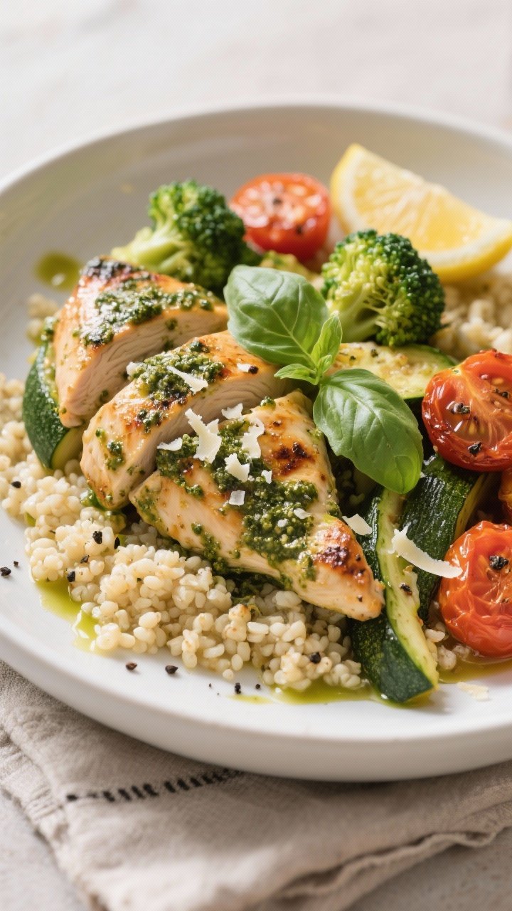 Close-up plated final dish of sheet pan pesto chicken and veggies over fluffy couscous. Focus on jui