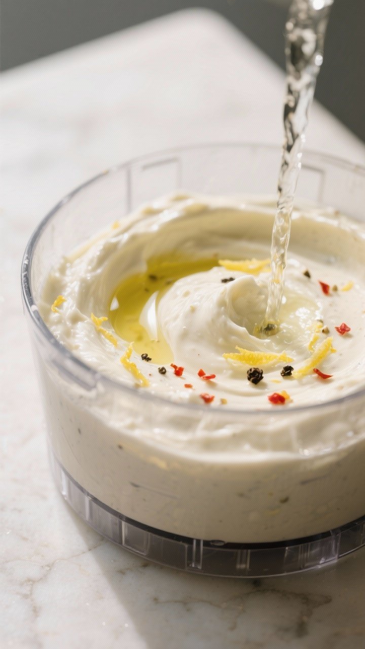 Close-up, process-focused image of the dip just blended to a perfectly smooth, velvety consistency i