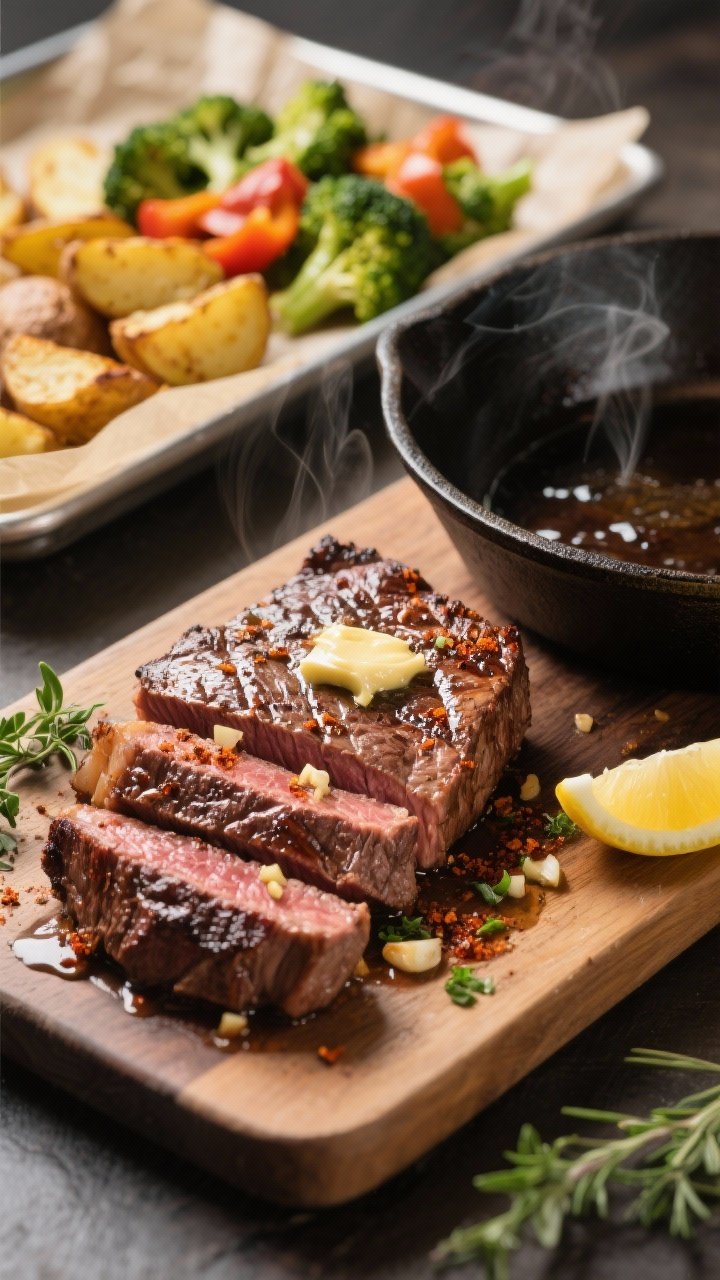 Close-up, three-quarter angle cooking process shot of sliced sirloin steak just after resting, being