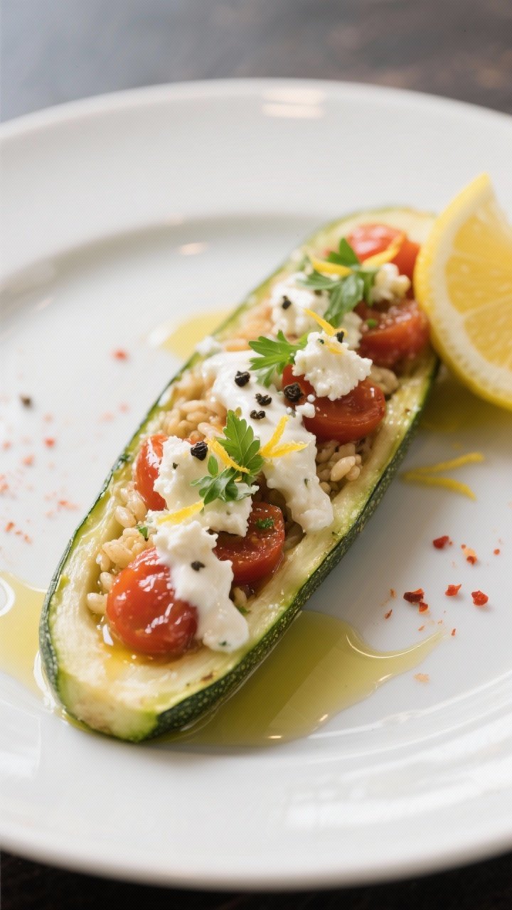 Close-up, three-quarter angle of a single plated zucchini boat on a matte white plate, drizzled with