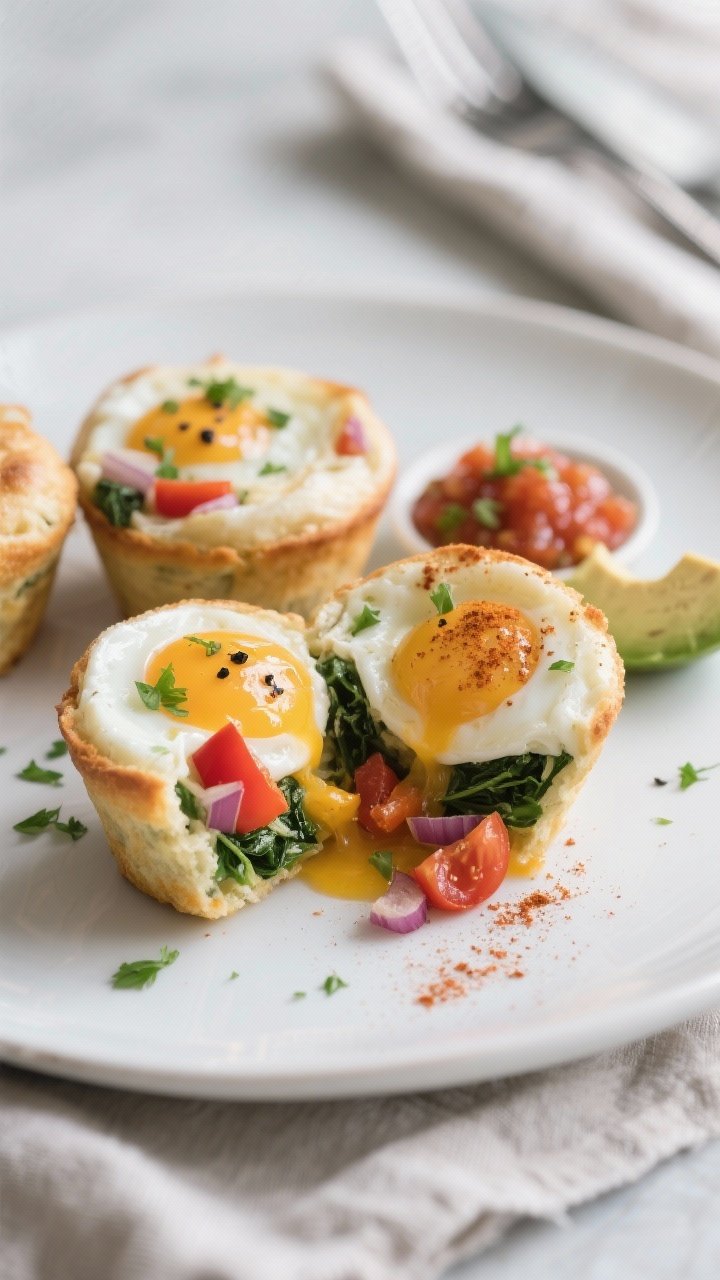 Close-up, three-quarter angle of plated egg white breakfast muffins sliced open to reveal tender, cu