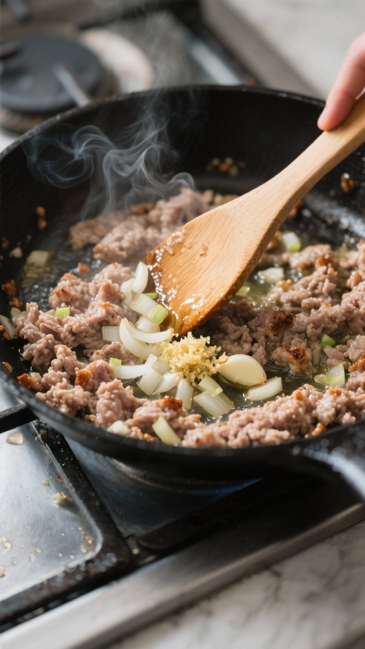 Cooking process, action close-up: Lean ground turkey browning in a wide, black carbon-steel skillet,