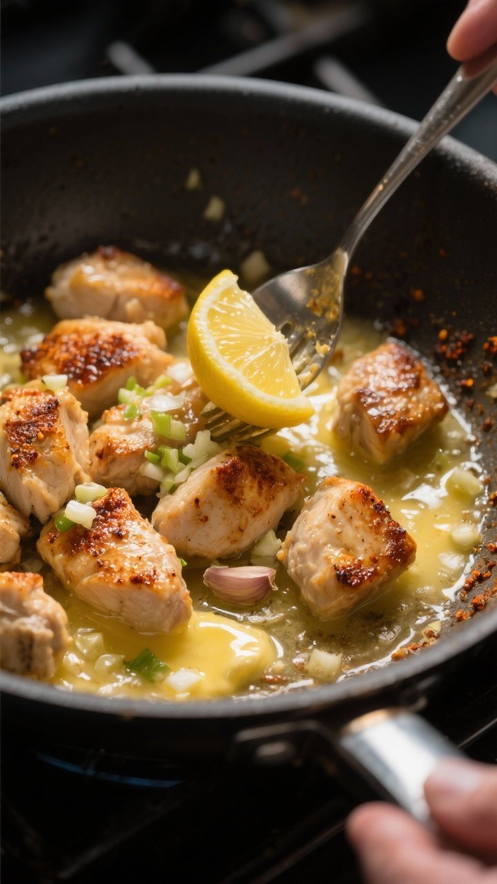 Cooking process action: Mid-step shot of the “bring it together” moment—seared chicken bites r