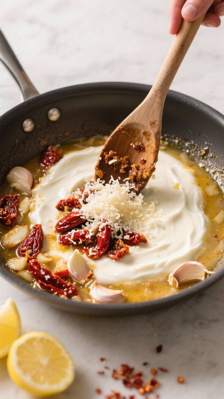 Cooking process action: Overhead shot of the sauce-building step in a wide skillet—garlic and chop